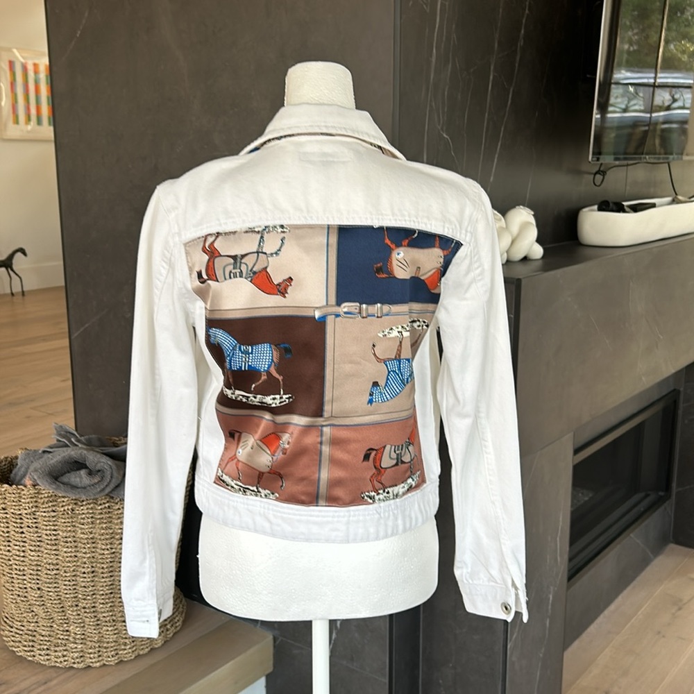 White Denim Jacket with Equestrian Patch Back